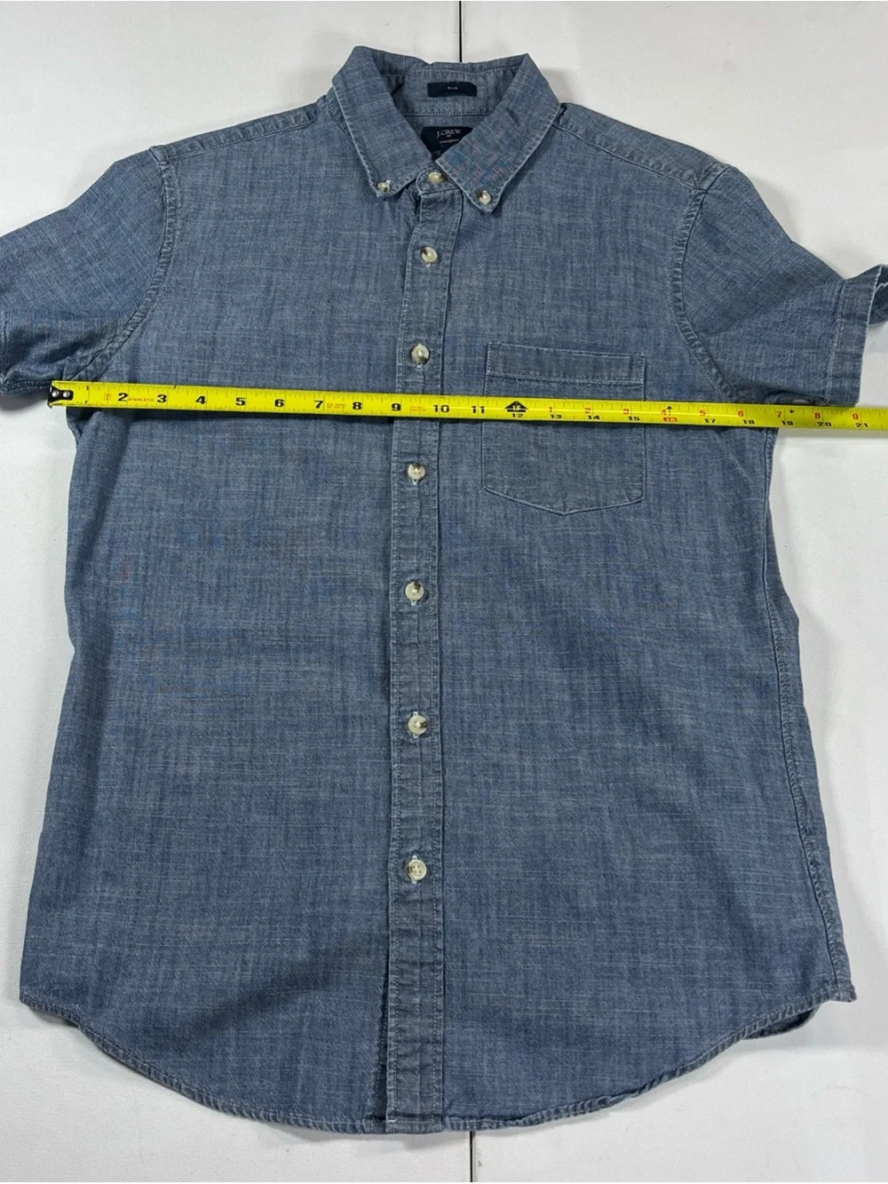 J Crew Chambray Shirt Short Sleeve Button Down Slim Fit Pocket Blue Men’s S